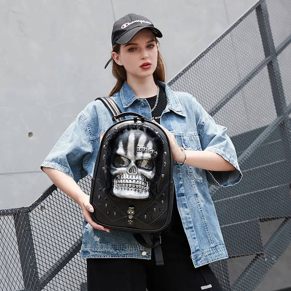 Rossie Viren 3D skull backpack with studded details and faux hair, designed as a stylish messenger bag with a bold, edgy look.