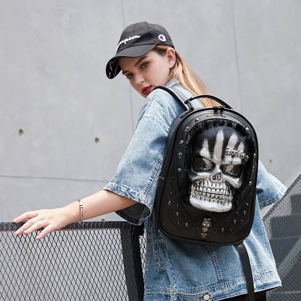 Rossie Viren 3D skull backpack with studded details and faux hair, designed as a stylish messenger bag for edgy fashion.