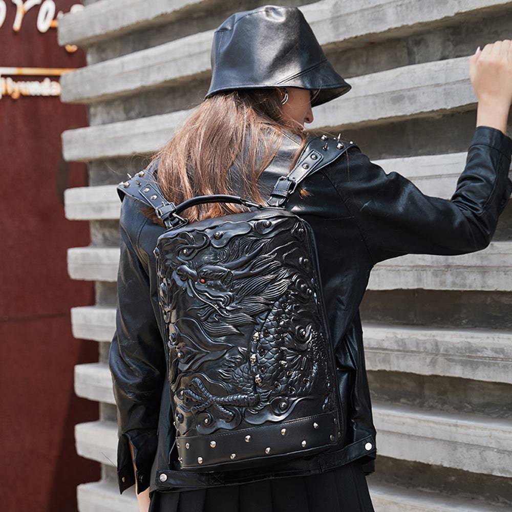 Fashion Rossie Viren 3D double hovering dragon messenger backpack with cylindrical design and eye-catching dragon graphic.