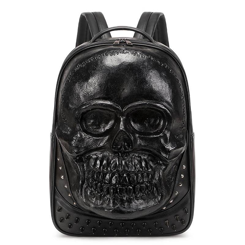 Rossie Viren 3D skull backpack featuring a smiling skull design, studded accents, large volume, perfect for laptops and everyday use.
