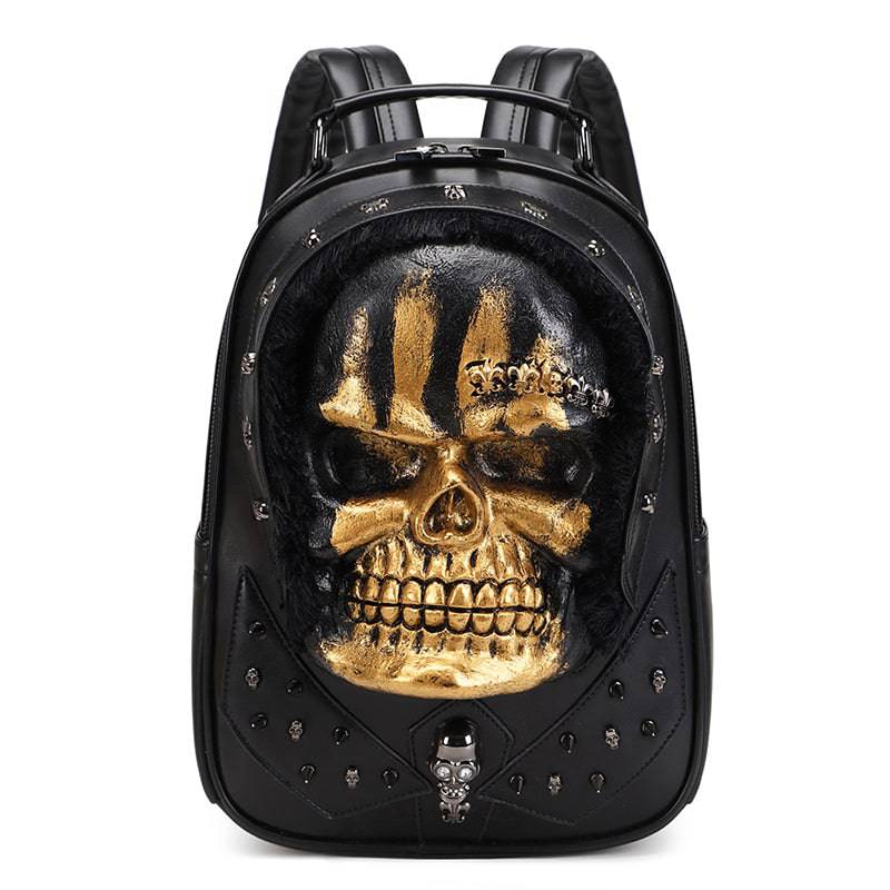 Rossie Viren 3D Skull Backpack with studded details and hair design, stylish messenger bag with bold skull motif.