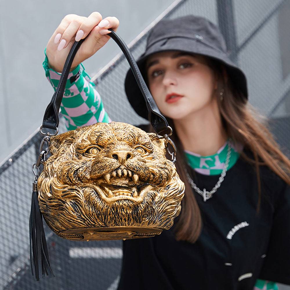 Rossie Viren 3D Tiger Head cross body bag with square shape, small size, handle and shoulder strap, fashion animal-themed backpack.