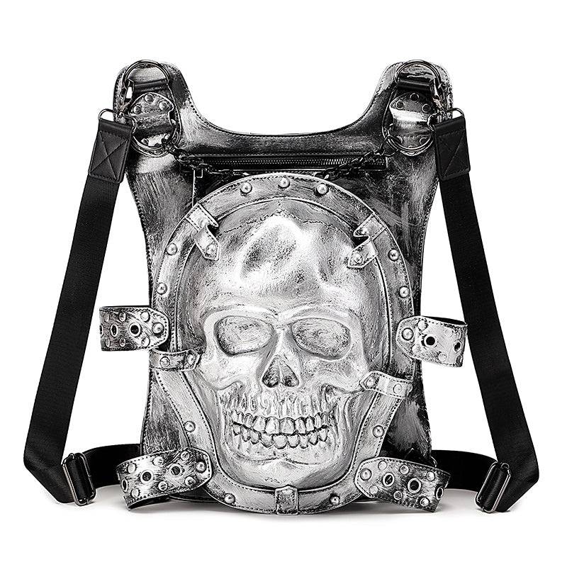Rossie Viren unisex 3D skull leisure backpack with chain handle, featuring a bold skull design on the front.