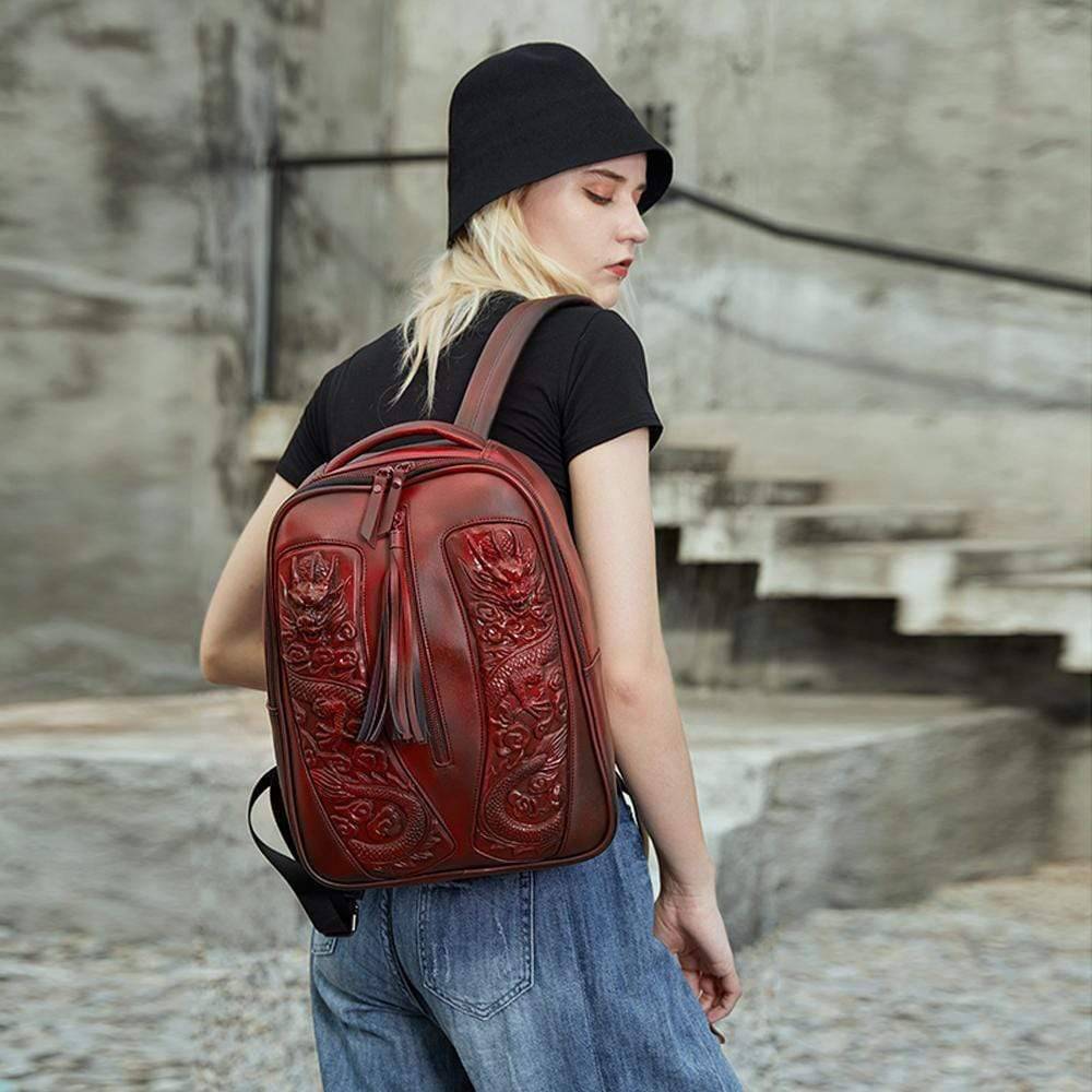Rossie Viren 3D Chinese double flying dragon backpack featuring detailed dragon design, waterproof fabric, lightweight 14-inch rucksack.