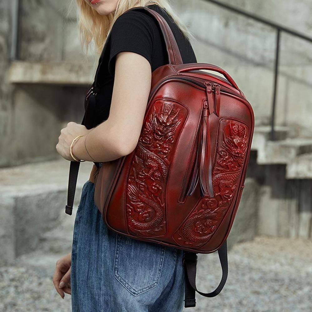 Rossie Viren 3D Chinese double flying dragon backpack with waterproof design, lightweight 14-inch computer rucksack, detailed dragon artwork.