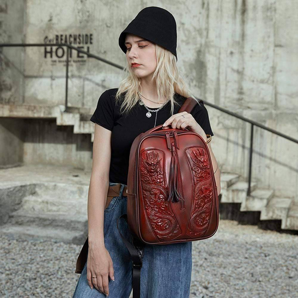 3D Chinese double flying dragon backpack by Rossie Viren, waterproof, lightweight 14-inch computer rucksack with animal design.