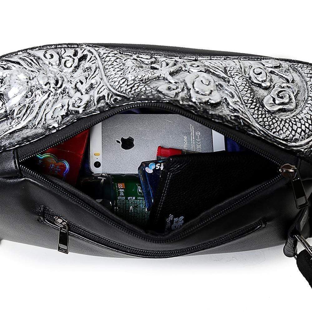Rossie Viren 3D Flying Chinese Dragon backpack showing detailed dragon design, outdoor travel-ready style with multiple compartments