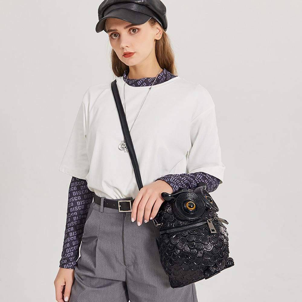 3D owl handle shoulder messenger backpack by Rossie Viren, featuring a cute owl design with adjustable shoulder strap.