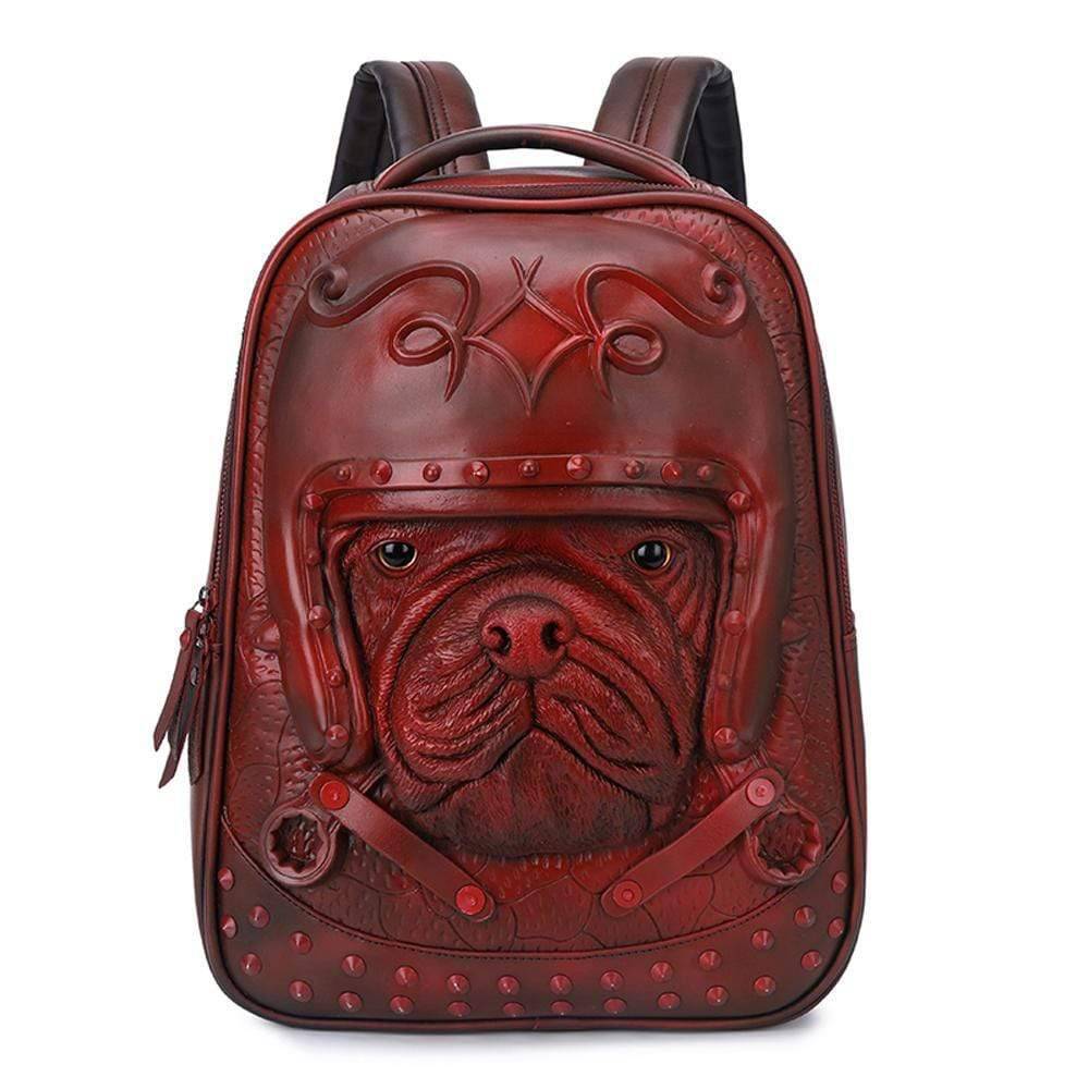Rossie Viren 3D Sha Pei dog backpack with helmet design, studded details, 14-inch lightweight computer rucksack for everyday use.