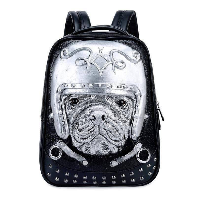 Rossie Viren 3D Sha Pei dog backpack with helmet design, studded details, 14-inch lightweight computer rucksack for kids and teens