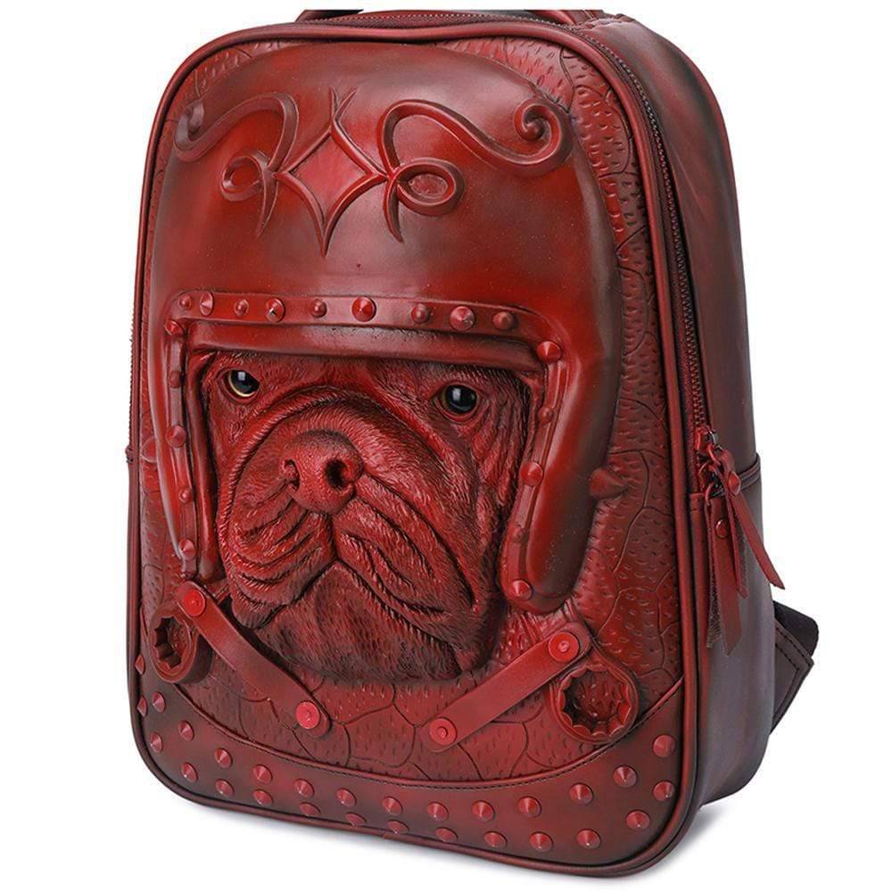3D Sha Pei dog backpack with helmet design, studded details, lightweight 14-inch computer rucksack by Rossie Viren.