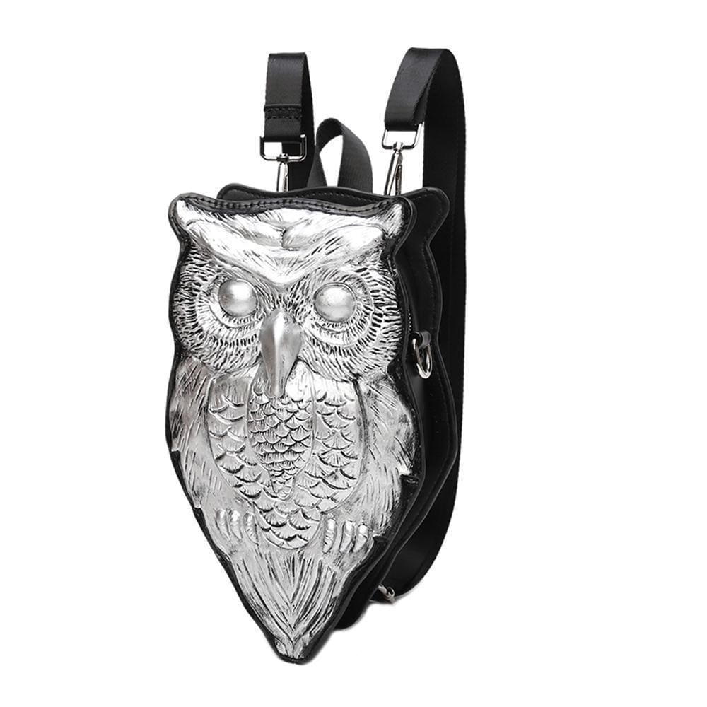 3D owl waterproof backpack by Rossie Viren featuring a chest strap and crossbody design, suitable for school or travel.