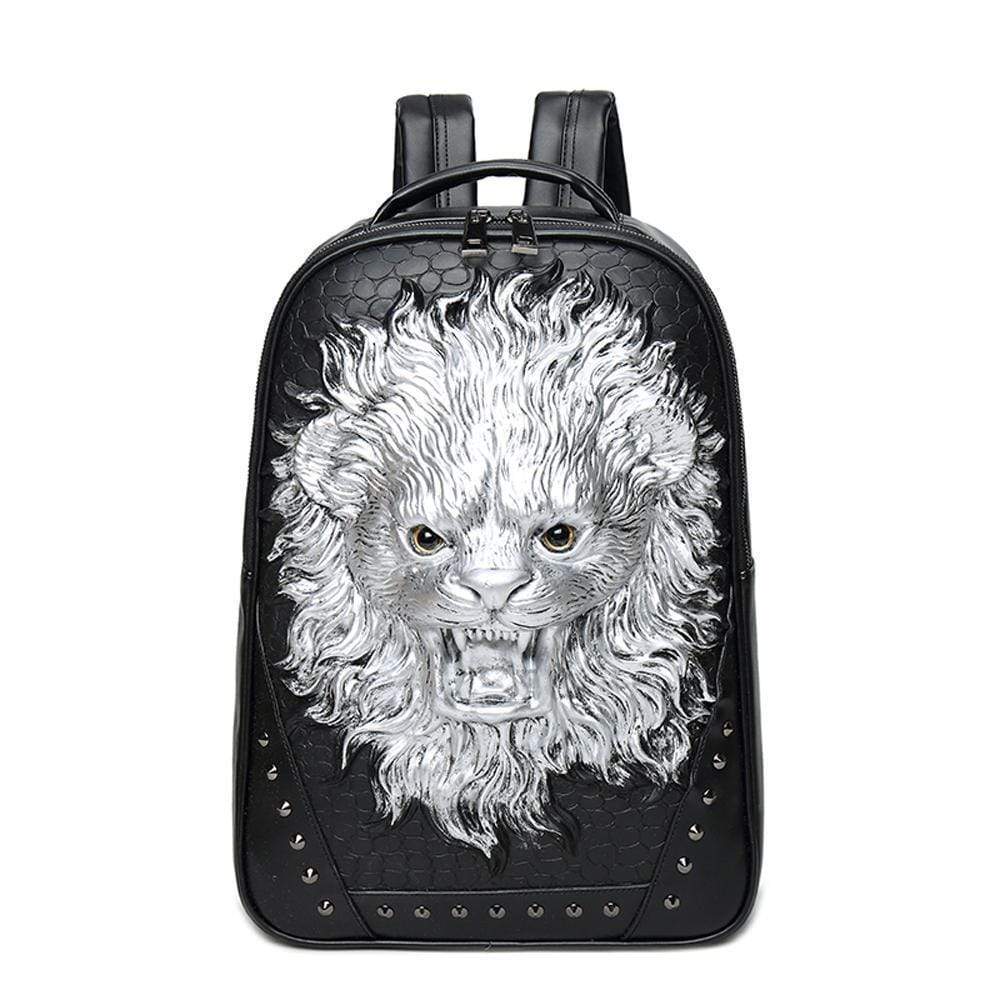 Rossie Viren 3D Laughing Lion backpack, outdoor travel and computer bag with detailed animal design and sturdy straps.