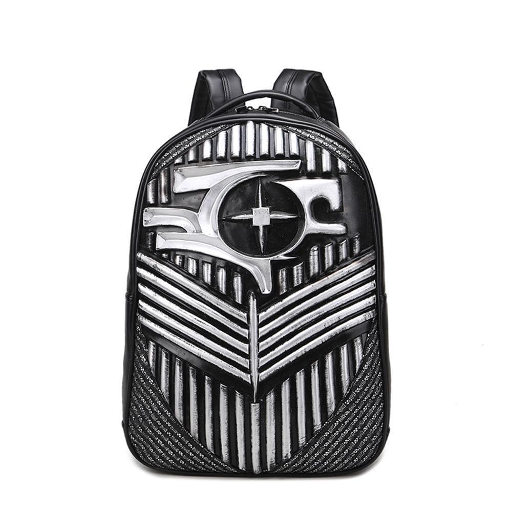 Rossie Viren 3D ghost skull backpack with bullet rivets, unisex design, ideal for laptops, travel, and everyday use.