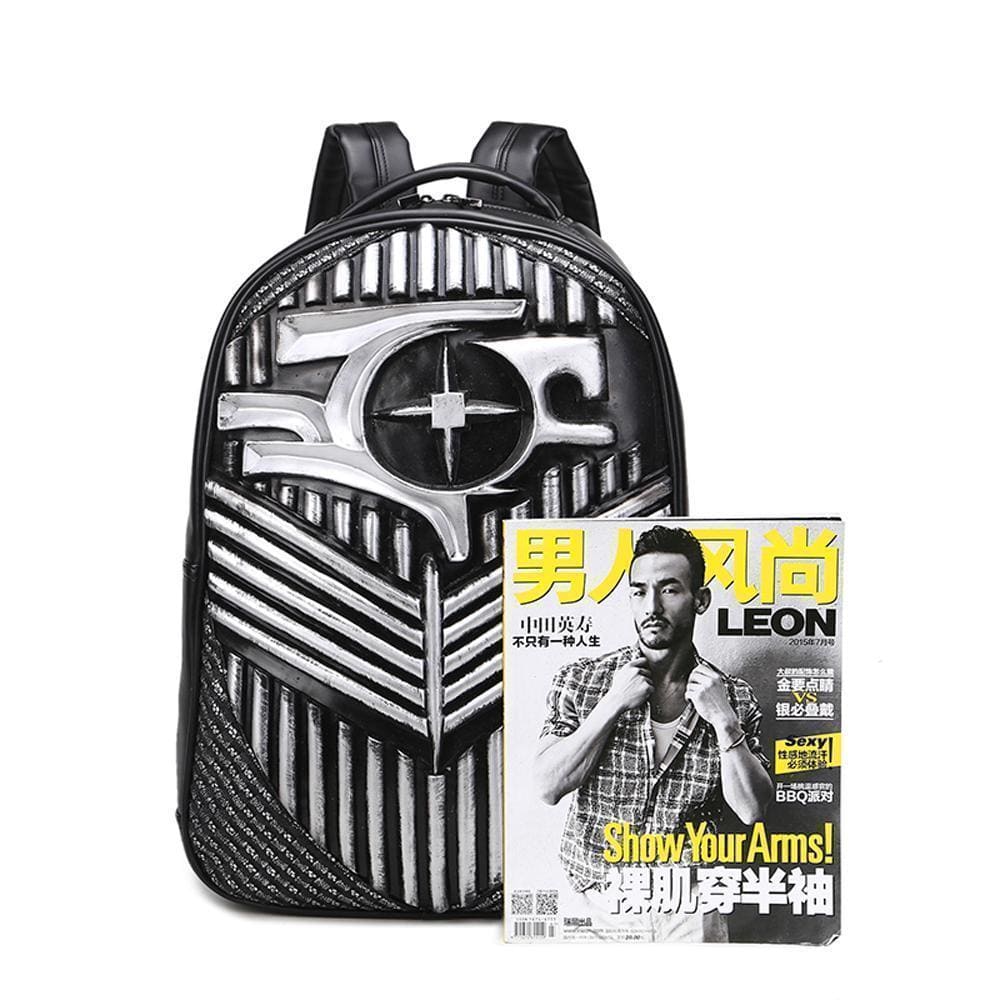 Rossie Viren 3D ghost skull backpack with bullet rivets, unisex design, perfect for laptops, travel, and students.