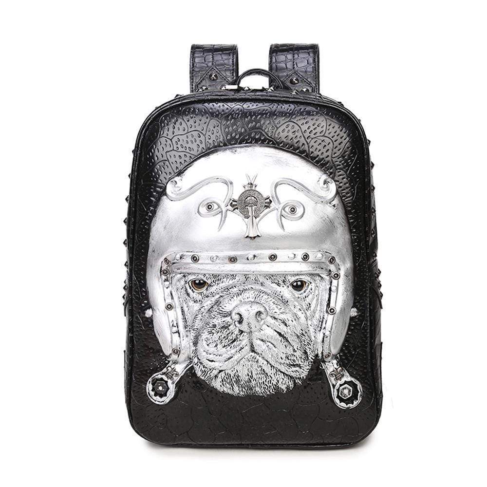 Unisex 3D dog pattern backpack by Rossie Viren featuring creative animal design and trendy style, without studs.