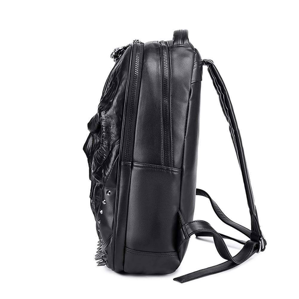 Large 3D skull face waterproof backpack by Rossie Viren, featuring rivets and a spacious leisure rucksack design for students.