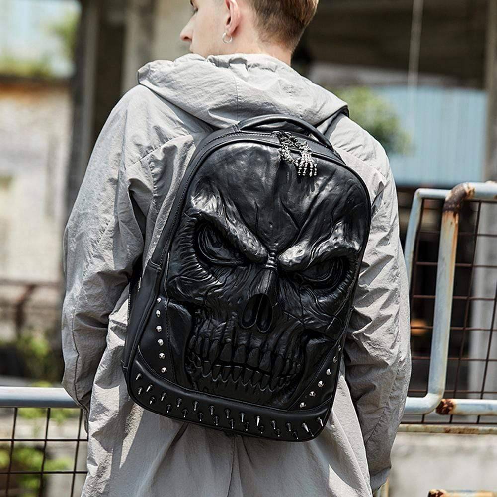 Large 3D skull face backpack by Rossie Viren, waterproof rivet rucksack with a trendy, casual design for students and leisure use.