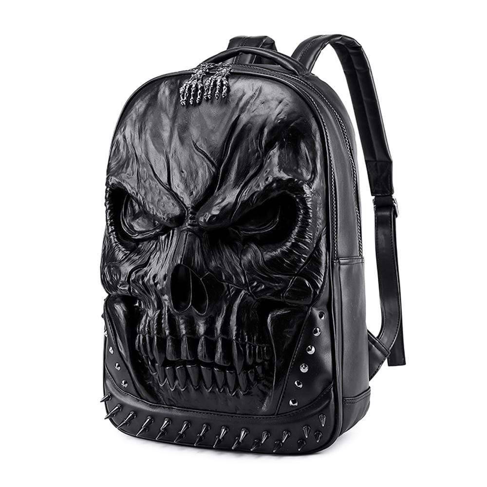 Large 3D skull face backpack by Rossie Viren, waterproof leather rucksack with rivets, perfect for students and leisure use.