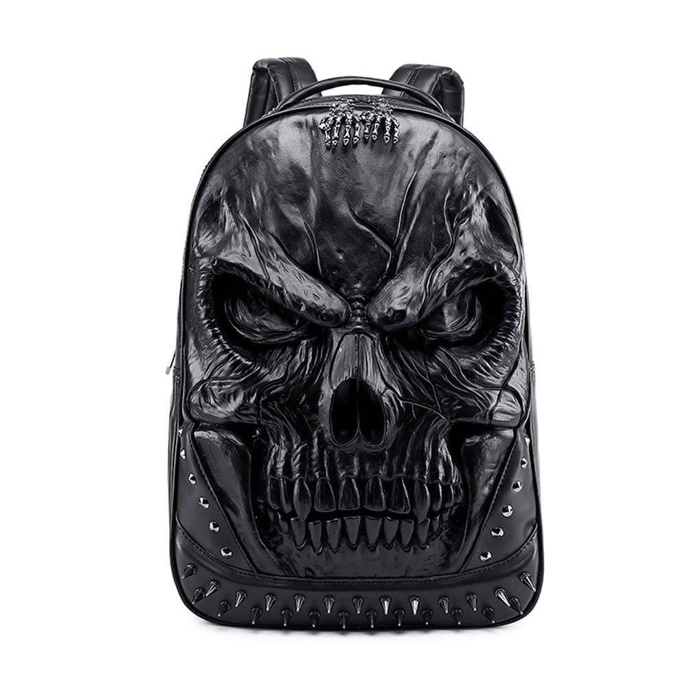 Large 3D skull face backpack by Rossie Viren featuring rivet details, waterproof fabric, and spacious leisure design for students.