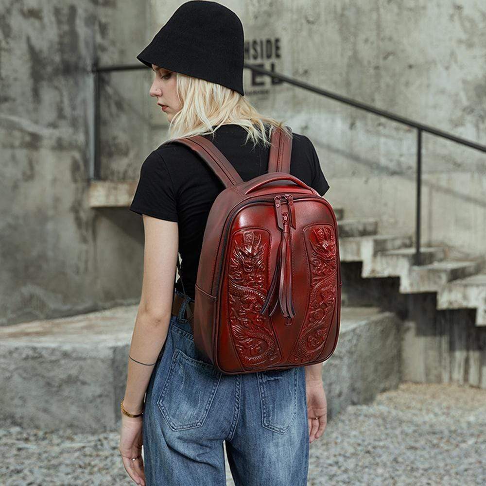 Rossie Viren 3D Chinese Double Flying Dragon Backpack with detailed dragon design and adjustable straps.