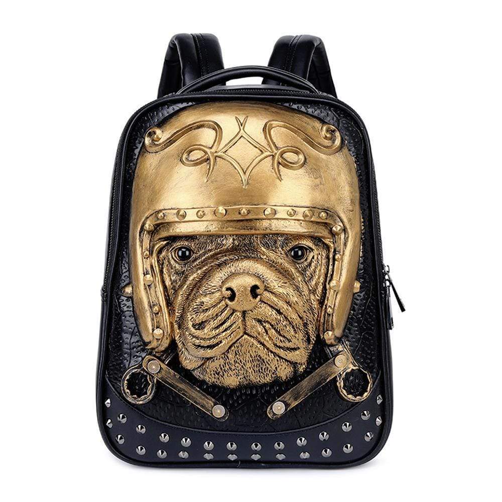 Rossie Viren 3D Sha Pei dog backpack with helmet design, 14-inch lightweight computer rucksack, studded accents, and detailed textures.