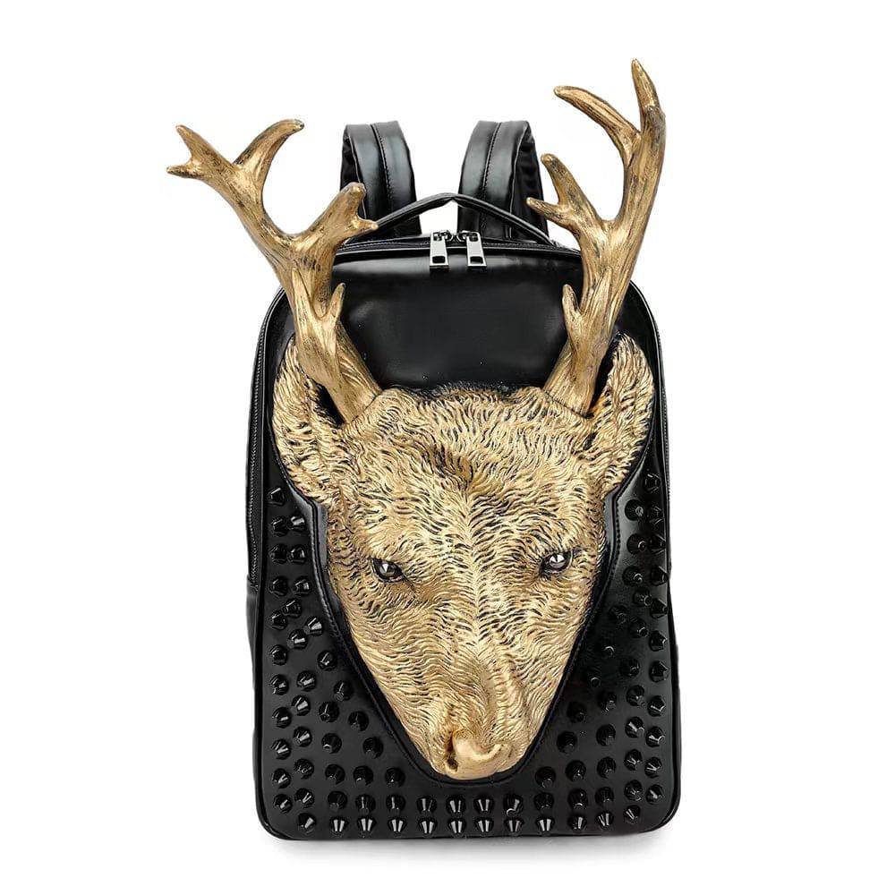 Rossie Viren 3D cow head studded backpack with textured leather and metal stud accents, featuring adjustable straps and top handle.