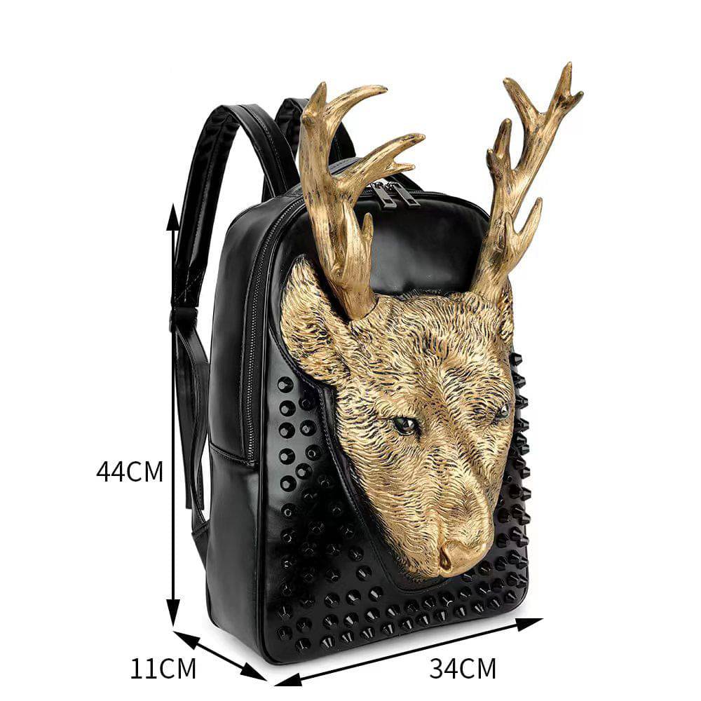 Rossie Viren 3D cow head studded backpack featuring bold design, black leather straps, and detailed cow face artwork.