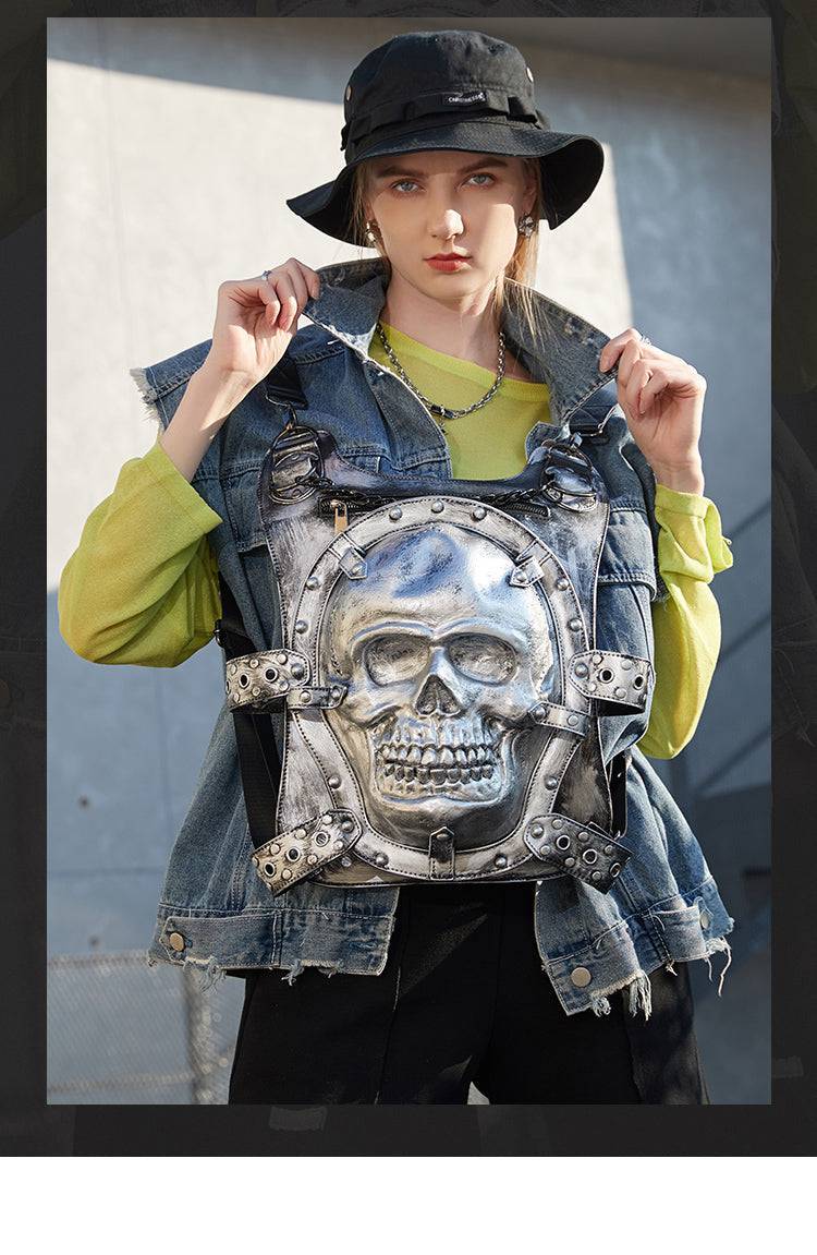 Rossie Viren 3D Skull Backpack featuring detailed 3D skull design, adjustable straps, and spacious main compartment.