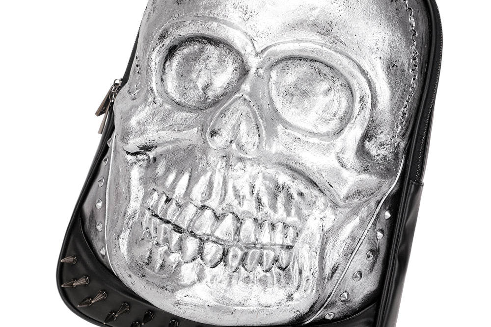 Rossie Viren 3D Bags fashion skull backpack with smile design and studded details, featuring a bold, eye-catching style.