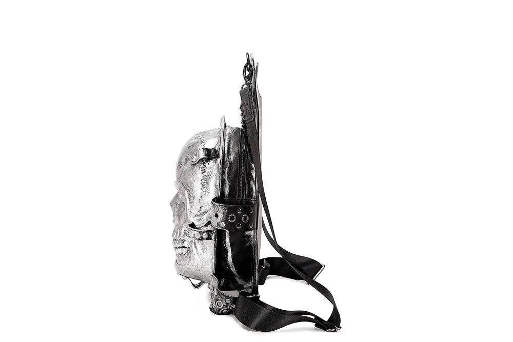3D skull design fashion backpack for women by Rossie Viren, featuring a smiling skull graphic on a stylish backpack.