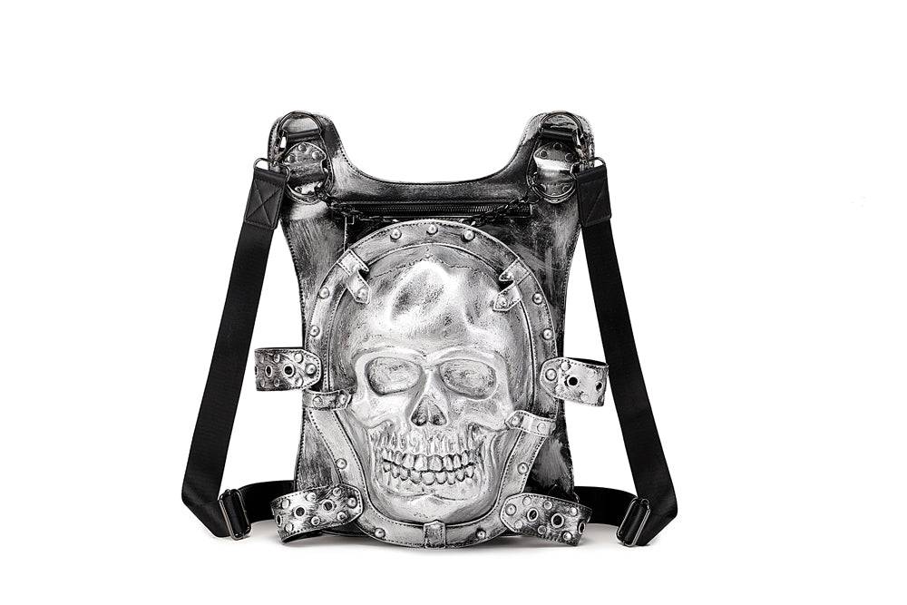 3D skull design fashion backpack for women by Rossie Viren, featuring a smiling skull graphic on a stylish black backpack.