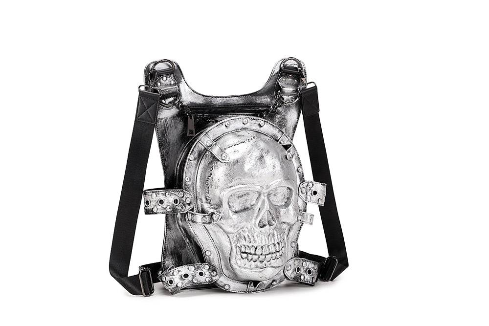 3D fashion skull backpack for women by Rossie Viren, featuring a smiling skull design and adjustable straps.