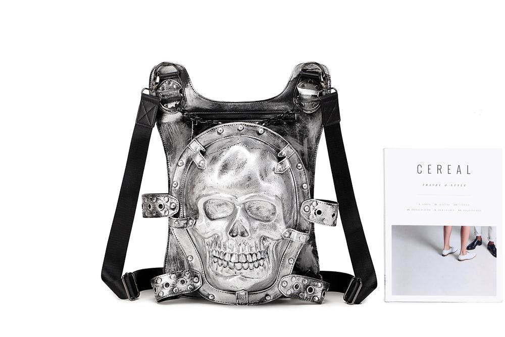 Fashion skull backpack by Rossie Viren featuring a 3D smiling skull design, perfect for women’s casual and trendy look.