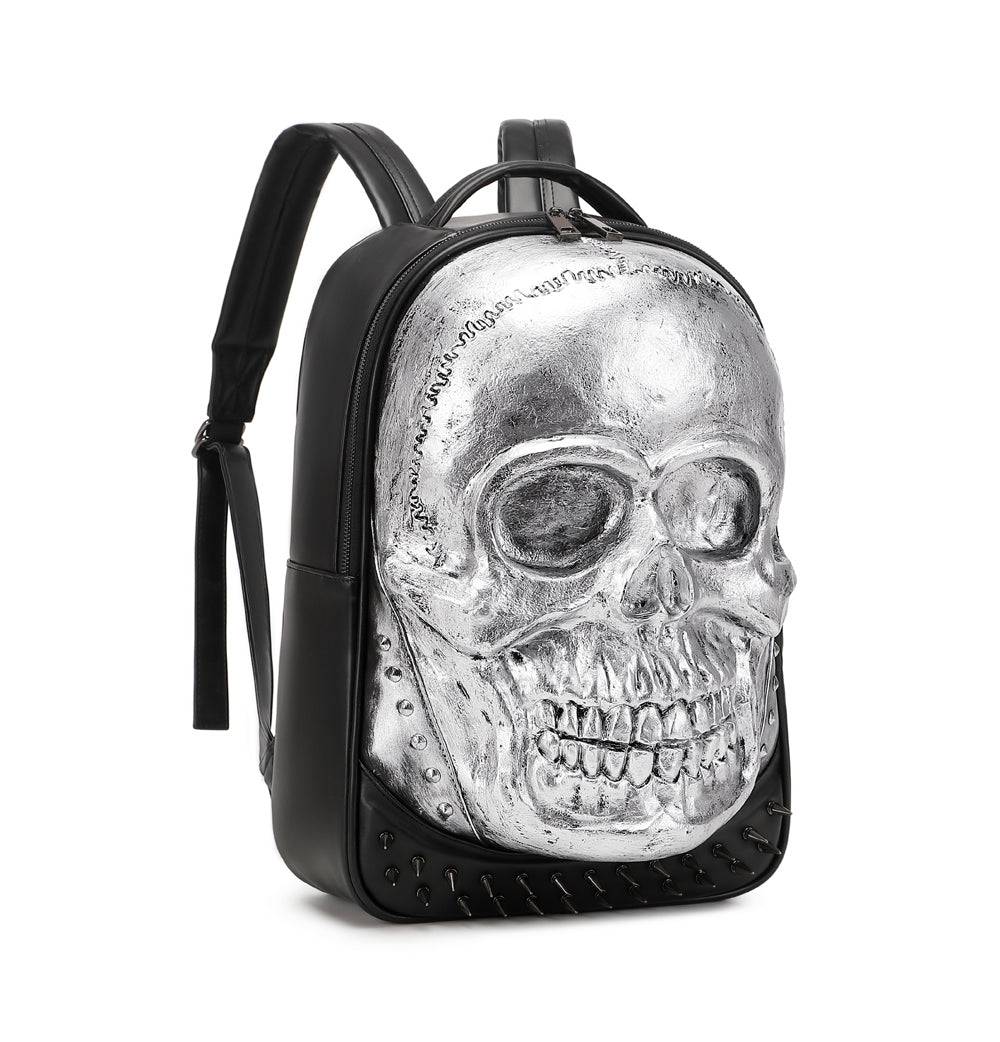 Rossie Viren 3D Bags fashion skull backpack featuring studded design and bold style, shown with adjustable straps and front zipper pocket.