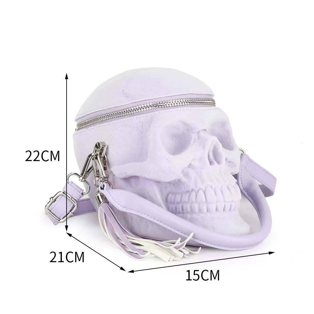 Lilac suede 3D skull crossbody shoulder bag by Rossie Viren, mini handle handbag with detailed skull design.