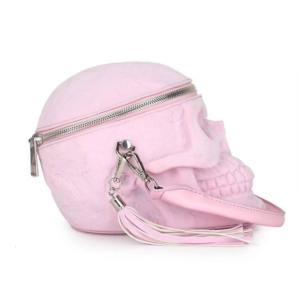 Pink suede Rossie Viren 3D bags skull cross body shoulder handle handbag with compact mini design and stylish detail.