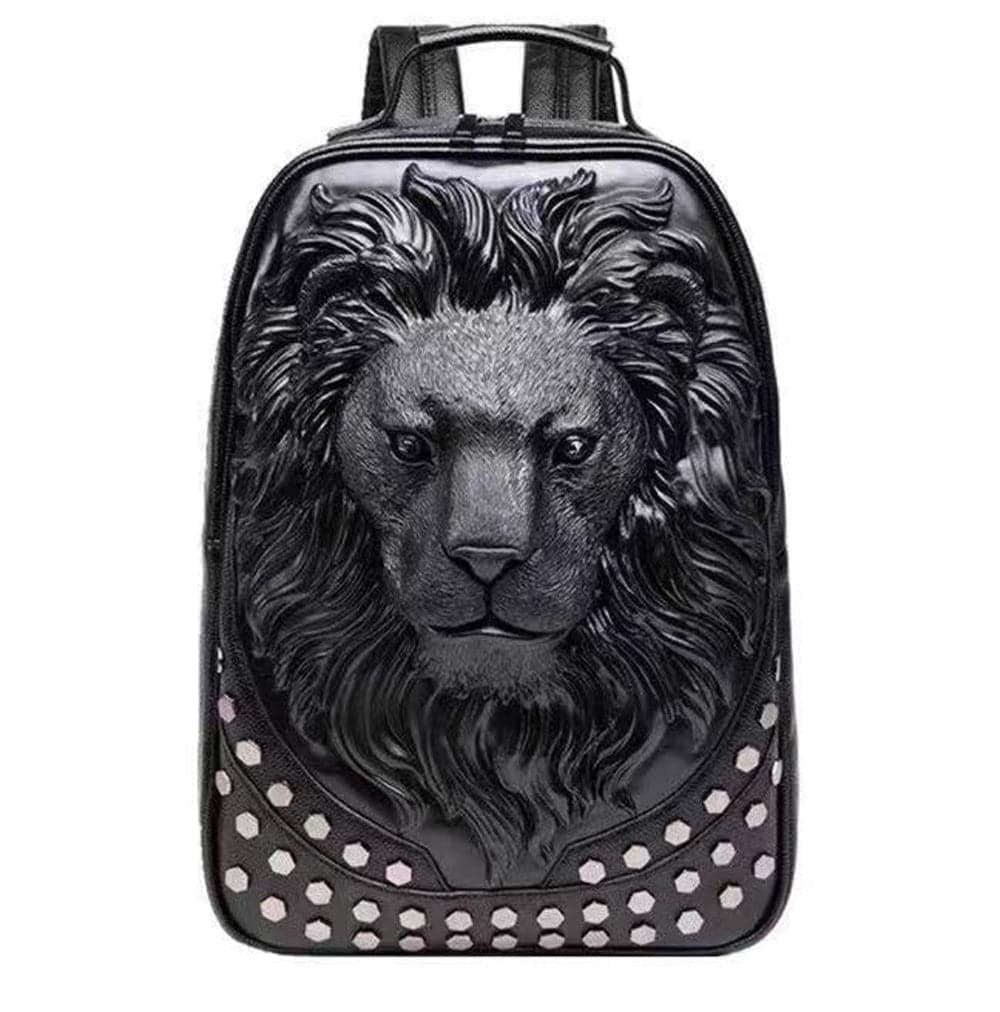 Rossie Viren 3D lion studded backpack made of soft PU leather with a flat travel punk design, ideal for laptops and school use.