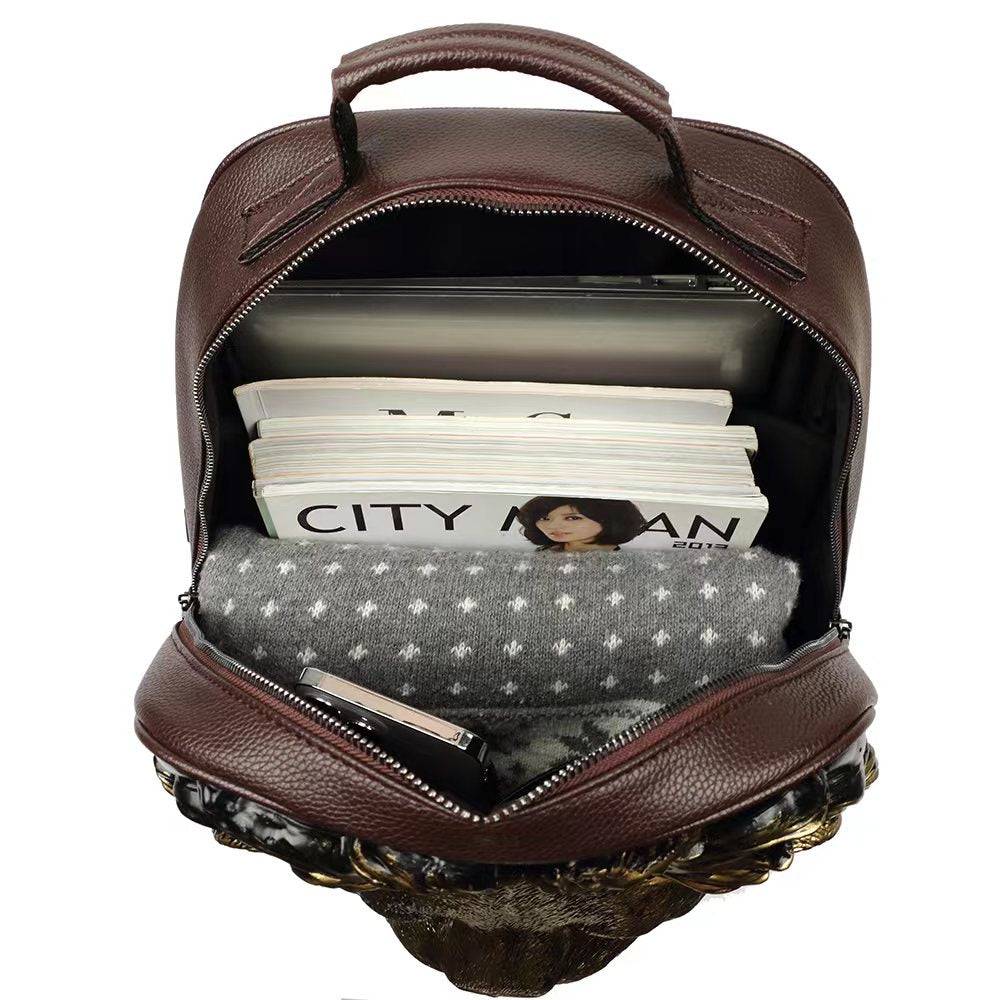 Rossie Viren 3D lion studded soft PU leather backpack featuring flat design, ideal for travel and laptop storage.