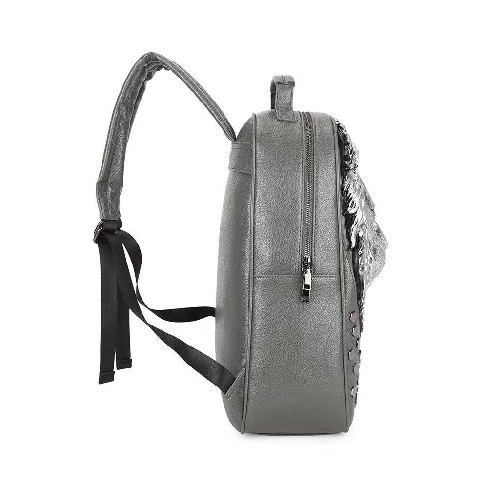 Rossie Viren 3D lion studded soft PU leather backpack with flat design, suitable for travel and carrying a laptop.