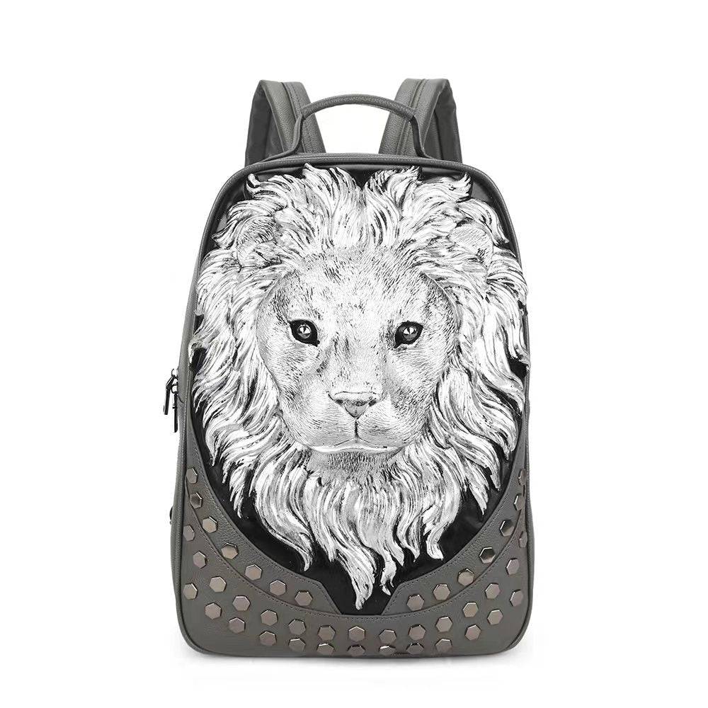 Rossie Viren 3D lion studded soft PU leather backpack with flat design, ideal for travel and carrying laptops.