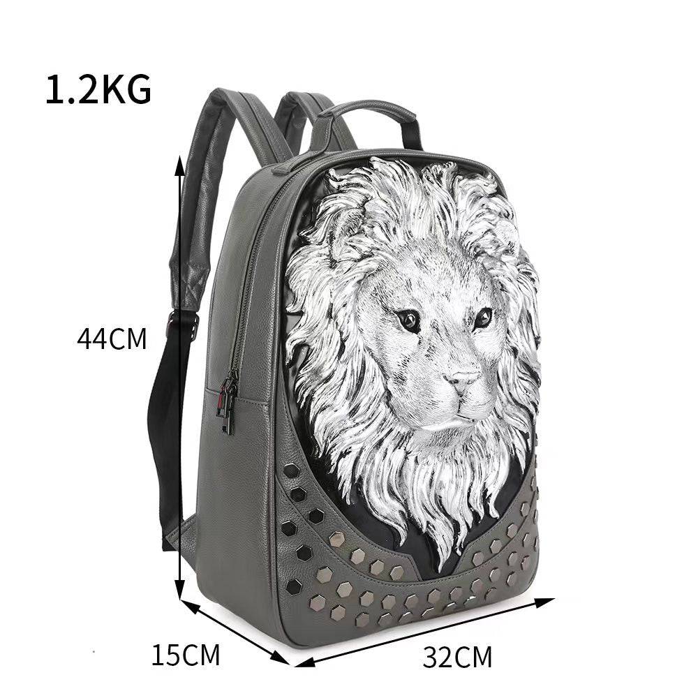 Rossie Viren 3D lion studded flat backpack made of soft PU leather, featuring a travel punk design and laptop compartment.