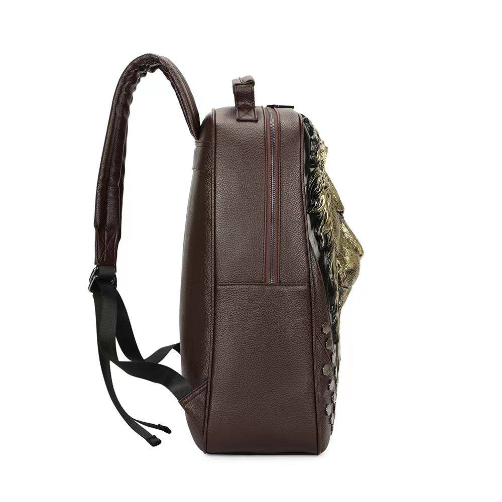 Rossie Viren 3D Lion Studded Soft PU Leather Backpack with flat design, ideal for travel and carrying laptops.