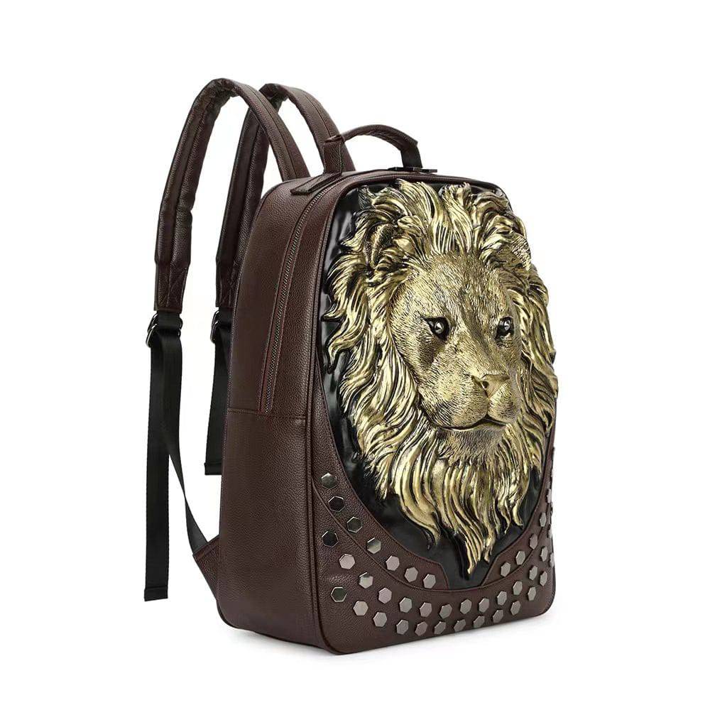 Rossie Viren 3D lion studded soft PU leather backpack with flat design, ideal for travel and carrying laptops.
