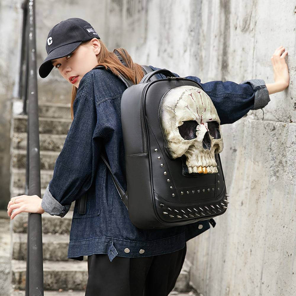 Rossie Viren 3D Skull Backpack featuring luminous Kreepsville skull design, large leisure backpack with a bold, eye-catching style.