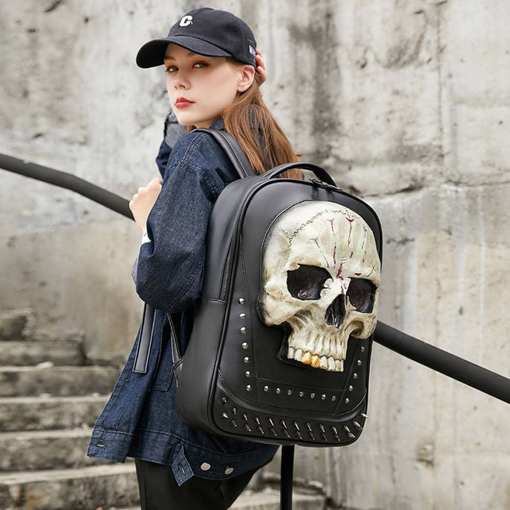 Large 3D Skull Backpack by Rossie Viren featuring luminous Kreepsville skull design, ideal for casual and leisure use.