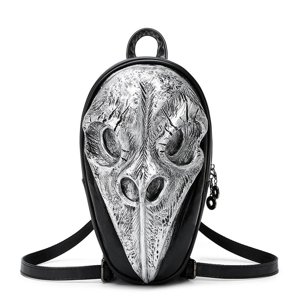 Rossie Viren 3D Skull Backpack featuring a bird design with a pointed beak, compact and stylish for everyday use.