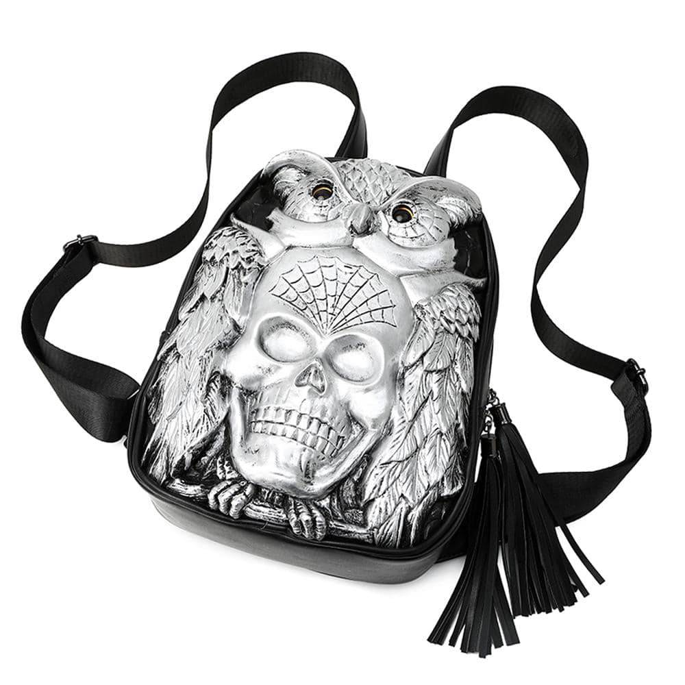Rossie Viren 3D Skull Owl small backpack featuring a detailed skull and owl design on a compact, stylish backpack.