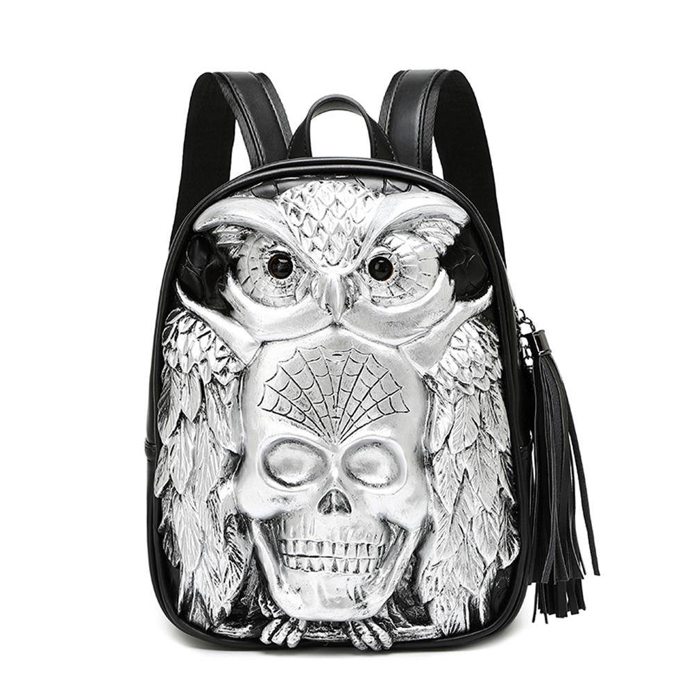 Rossie Viren 3D Skull Owl small backpack featuring a detailed skull and owl design for stylish everyday use.