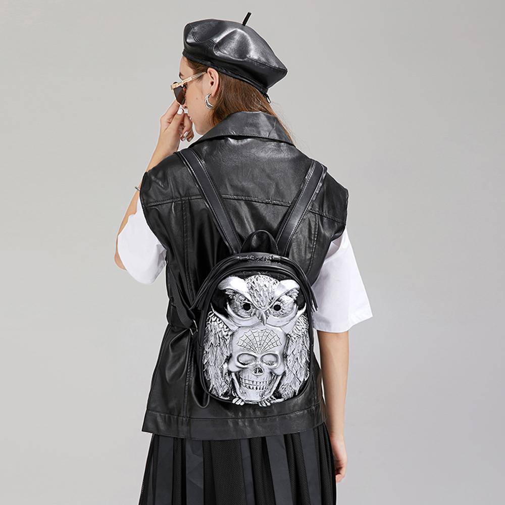 Rossie Viren 3D Skull and Owl small backpack featuring detailed skull and owl designs, perfect for casual use and style.